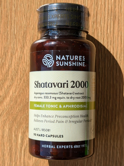 Nature's Sunshine Shatavari 2000mg 90 capsules. front zoomed in.