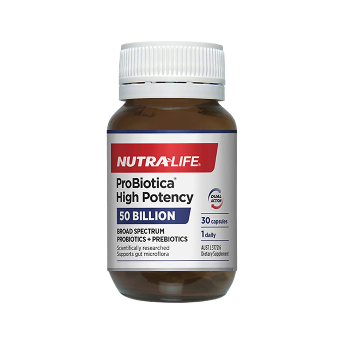 NutraLife ProBiotica High Potency (50 Billion) 30 capsules. Front of bottle.