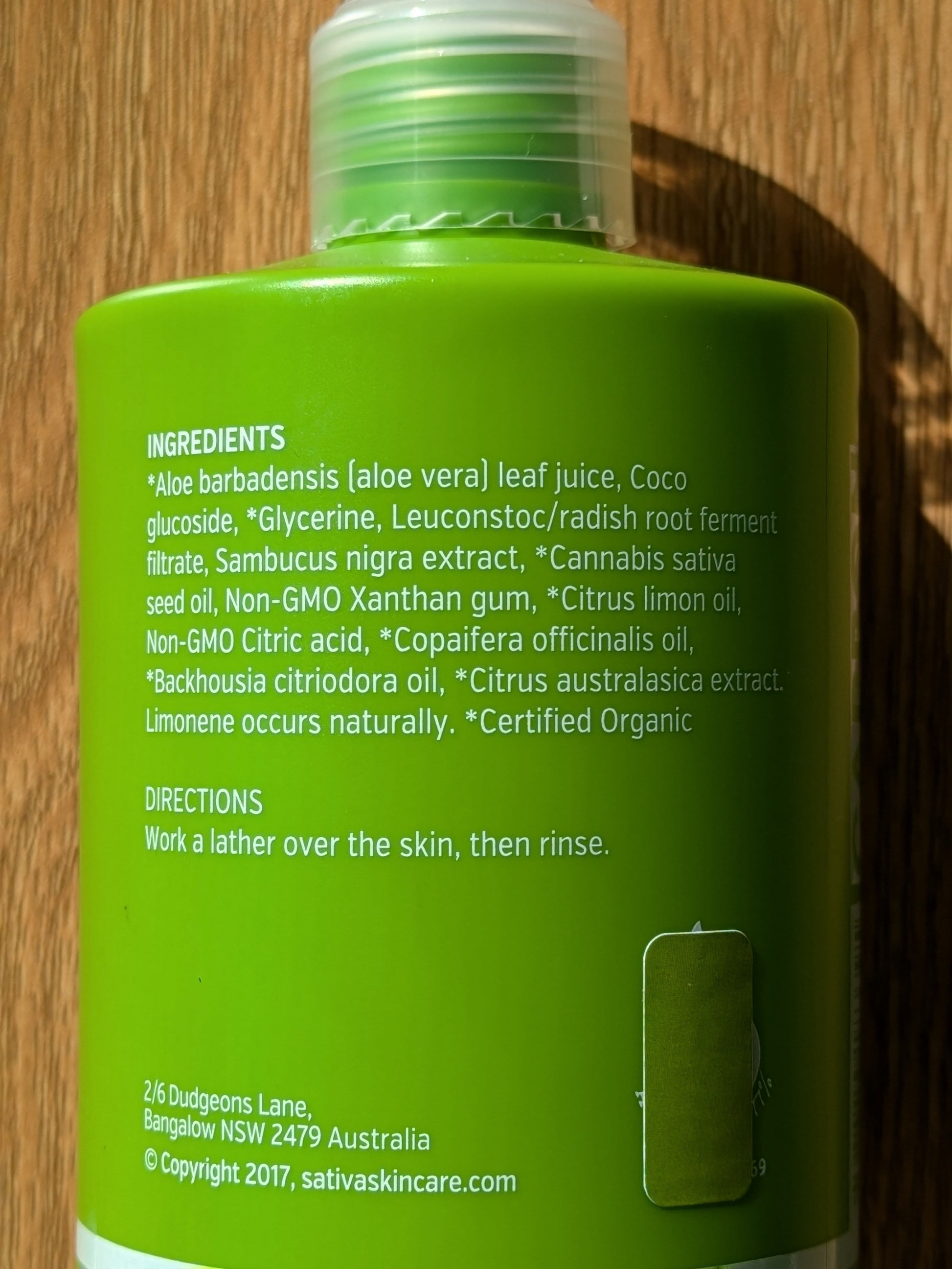 Sativa Organic Hemp Hand & Body Wash - Cleanse 250ml. Ingredients.