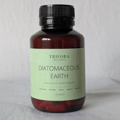Bottle of Trifora Wellness Diatomaceous Earth on a light gray background