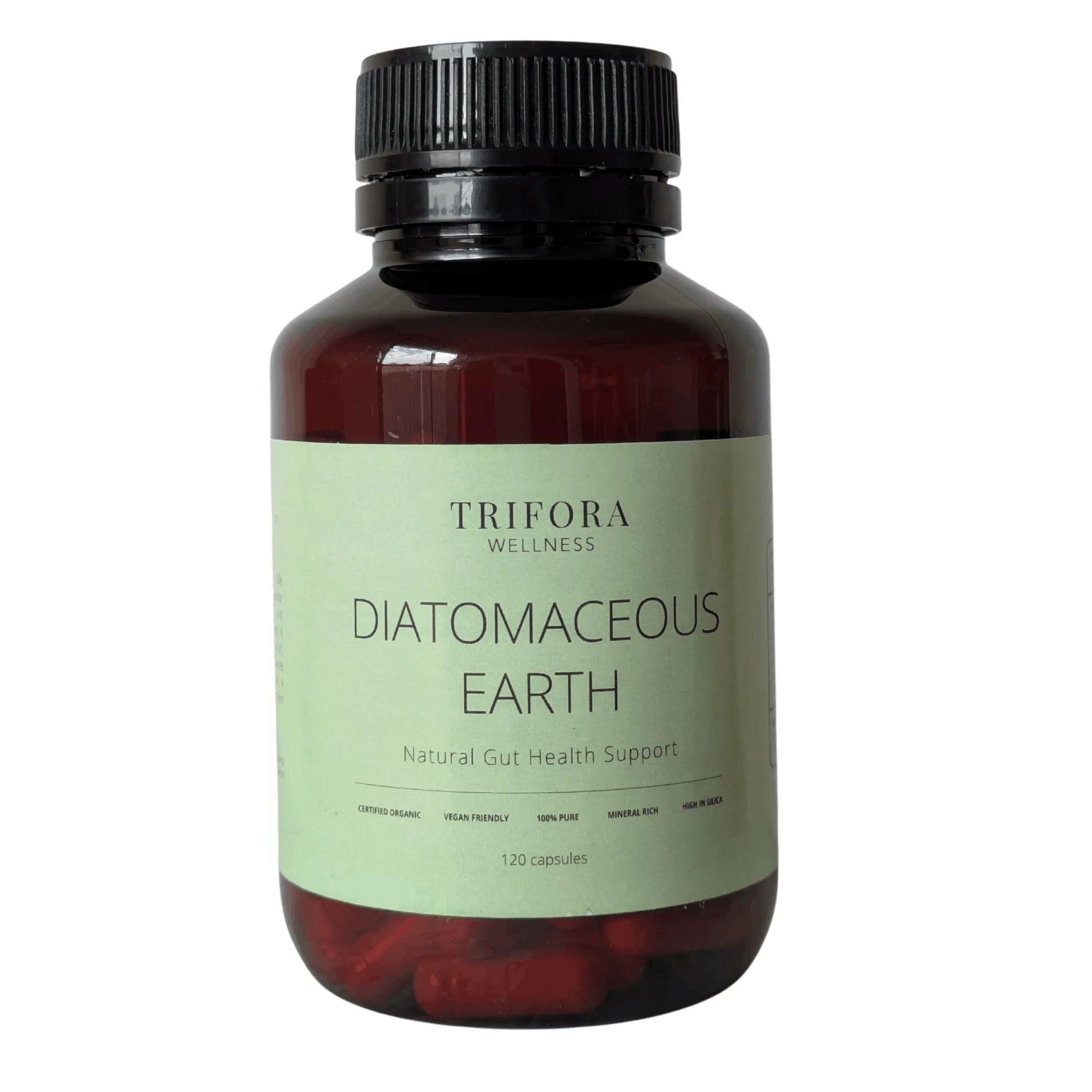 Bottle of Trifora Wellness Diatomaceous Earth capsules on a white background