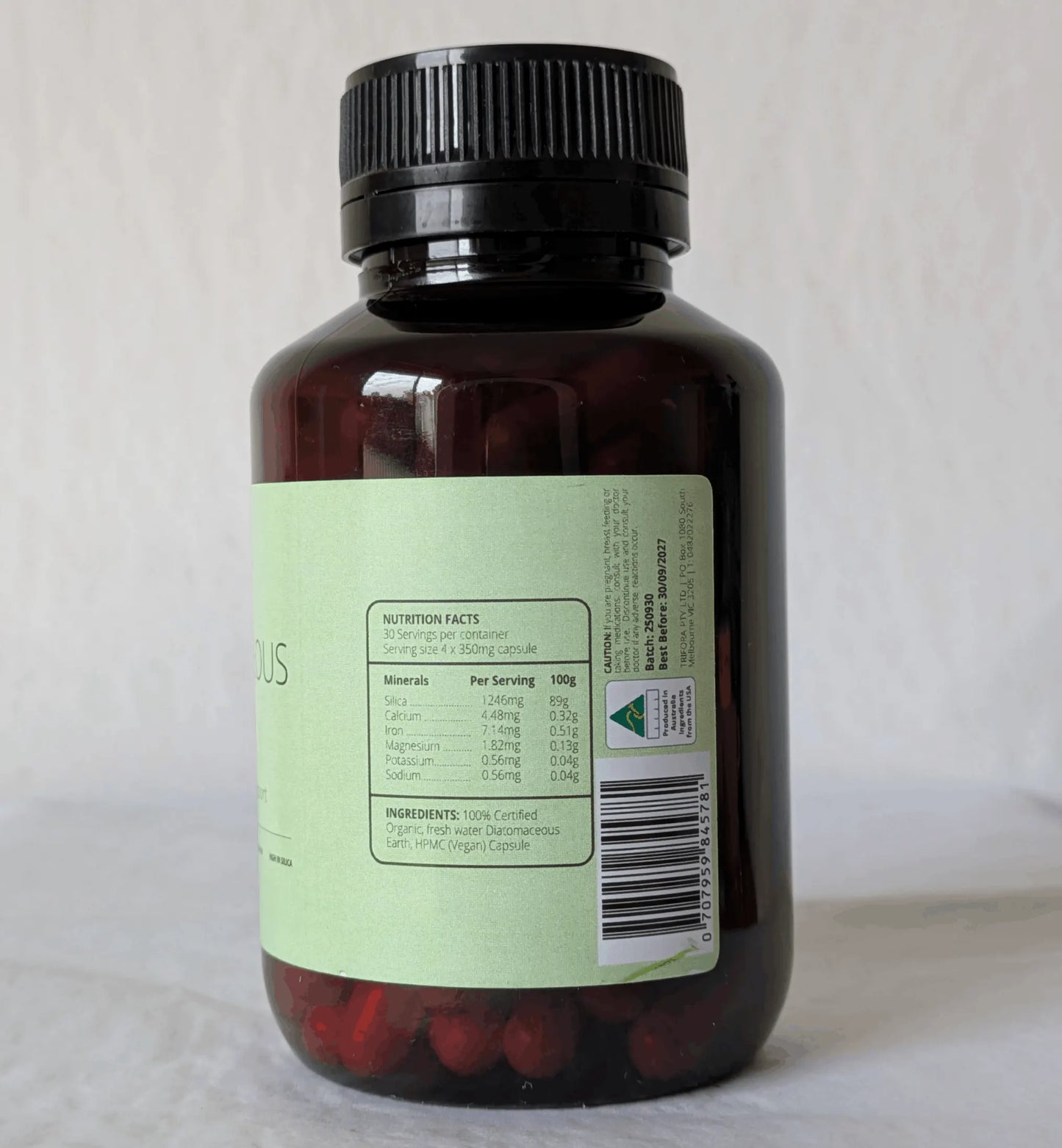 Trifora Wellness diatomaceous earth nutritional information on label