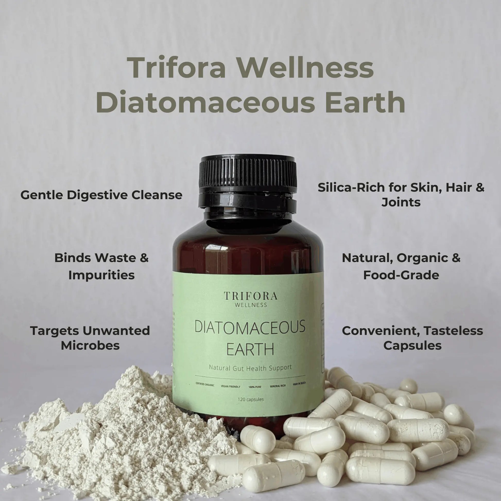 Trifora Wellness Diatomaceous Earth bottle with powder and capsules on a light gray background