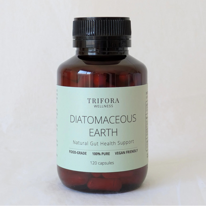 Bottle of Trifora Wellness Diatomaceous Earth on a white background
