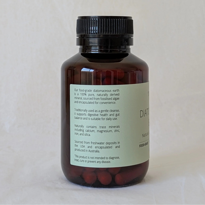 Bottle of Trifora Wellness Diatomaceous Earth Capsules information side panel