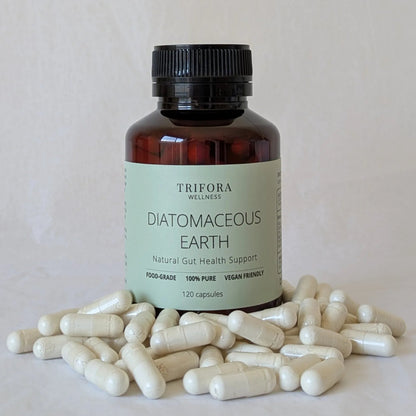 Bottle of Trifora Diatomaceous Earth supplement with capsules on a light background