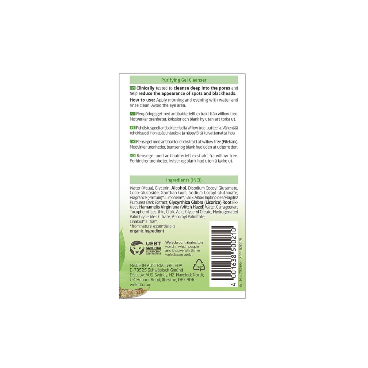 Weleda Blemished Skin Purifying Gel Cleanser - Willow Bark 100ml back of box instructions