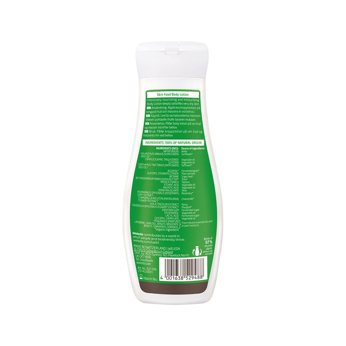 Weleda Skin Food Body Lotion 200ml bottle. back.
