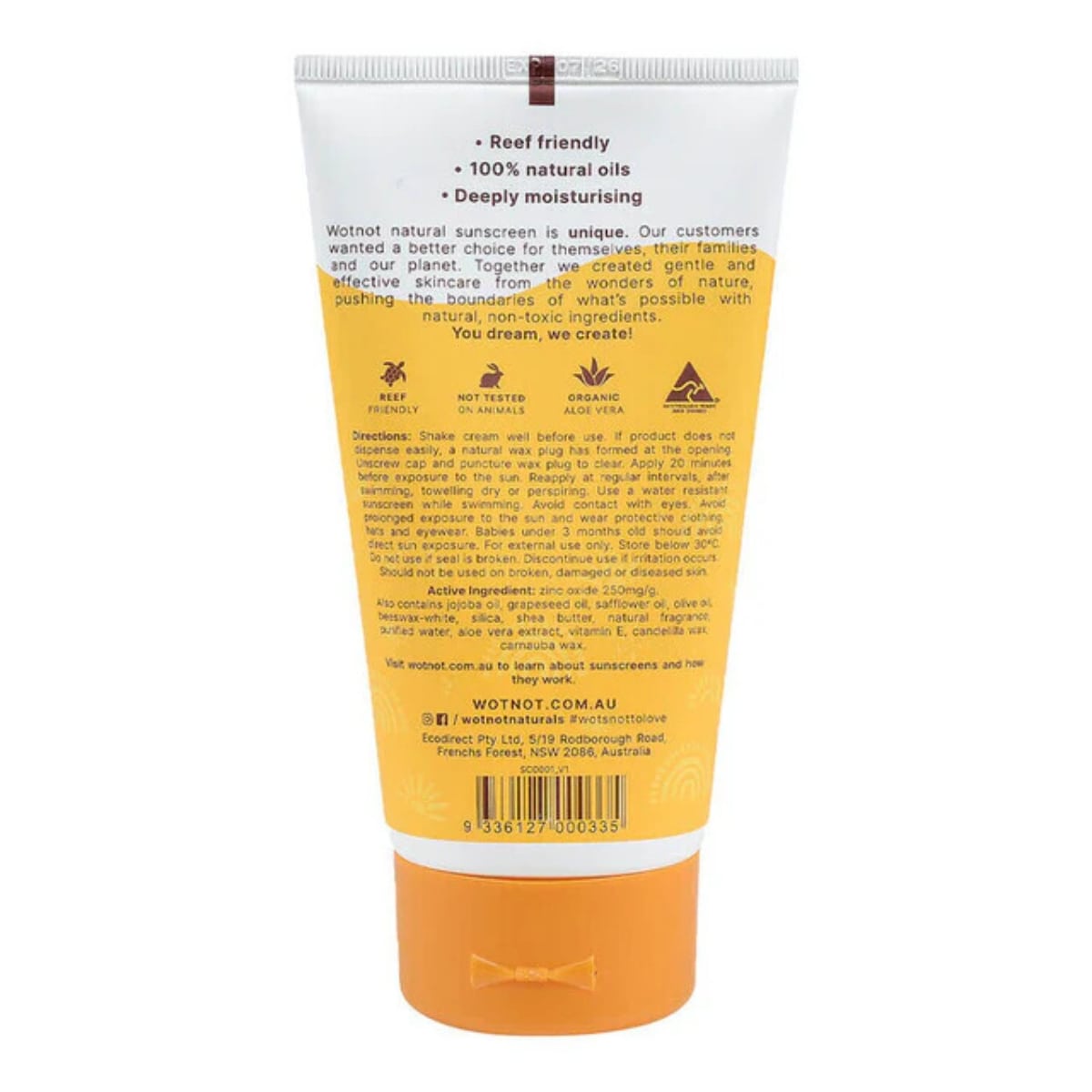 Wotnot Naturals Natural Sunscreen SPF 30 150g tube_back